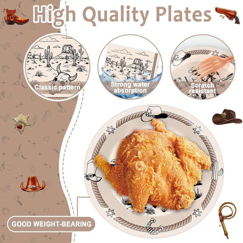 CHUNNIN CHUNNIN 50Pcs Western Party Paper Plates and Napkins Cowboy Dessert Cake Plates Rodeo Bachelor Theme Decorations Wild West Tableware Set Serves 25 Guest Cowboy Birthday Party Supplies  - Image 3