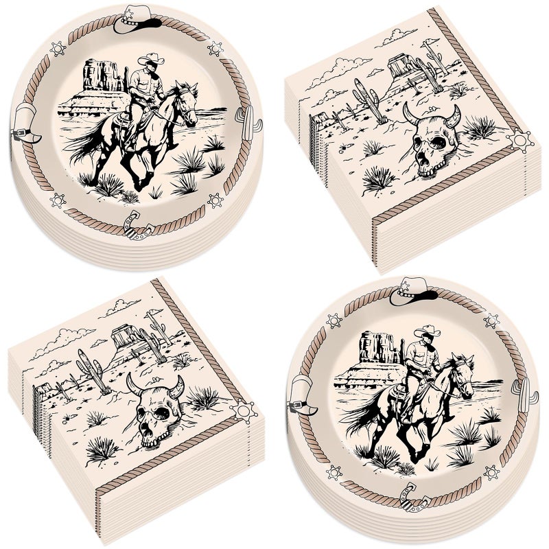 CHUNNIN CHUNNIN 50Pcs Western Party Paper Plates and Napkins Cowboy Dessert Cake Plates Rodeo Bachelor Theme Decorations Wild West Tableware Set Serves 25 Guest Cowboy Birthday Party Supplies  - Image 1