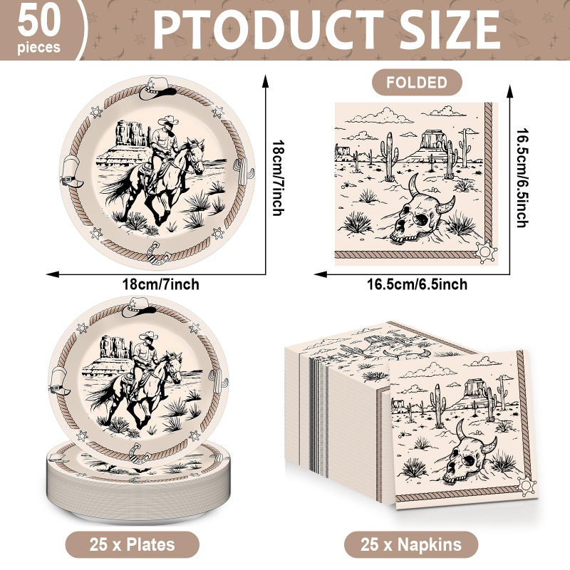 CHUNNIN CHUNNIN 50Pcs Western Party Paper Plates and Napkins Cowboy Dessert Cake Plates Rodeo Bachelor Theme Decorations Wild West Tableware Set Serves 25 Guest Cowboy Birthday Party Supplies  - Image 2