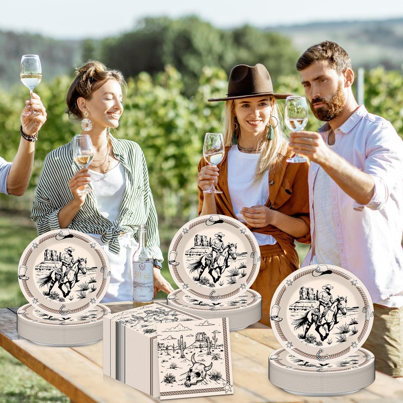 CHUNNIN CHUNNIN 50Pcs Western Party Paper Plates and Napkins Cowboy Dessert Cake Plates Rodeo Bachelor Theme Decorations Wild West Tableware Set Serves 25 Guest Cowboy Birthday Party Supplies  - Image 5