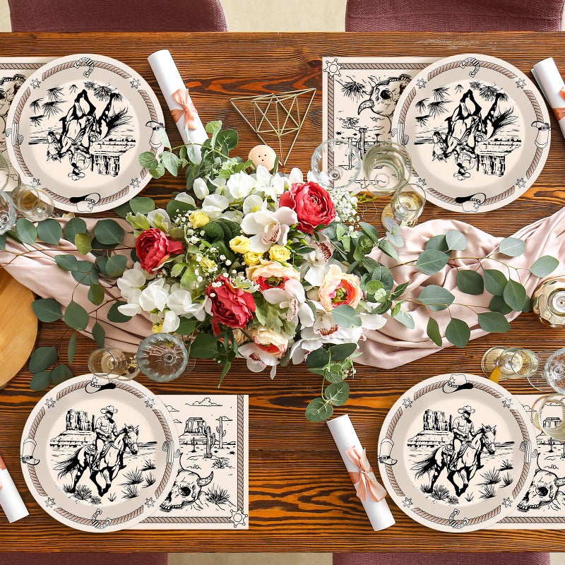 CHUNNIN CHUNNIN 50Pcs Western Party Paper Plates and Napkins Cowboy Dessert Cake Plates Rodeo Bachelor Theme Decorations Wild West Tableware Set Serves 25 Guest Cowboy Birthday Party Supplies  - Image 4