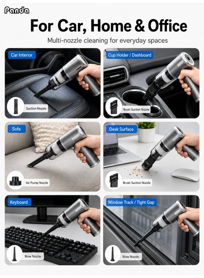 Panda Cordless Handheld Vacuum Cleaner, Portable Mini Car Vacuum, 4-in-1 Air Blower and Vacuum Pump, 15000Pa Suction, Brushless Motor, Type-C Fast Charge for Car, Home and Office - Image 2