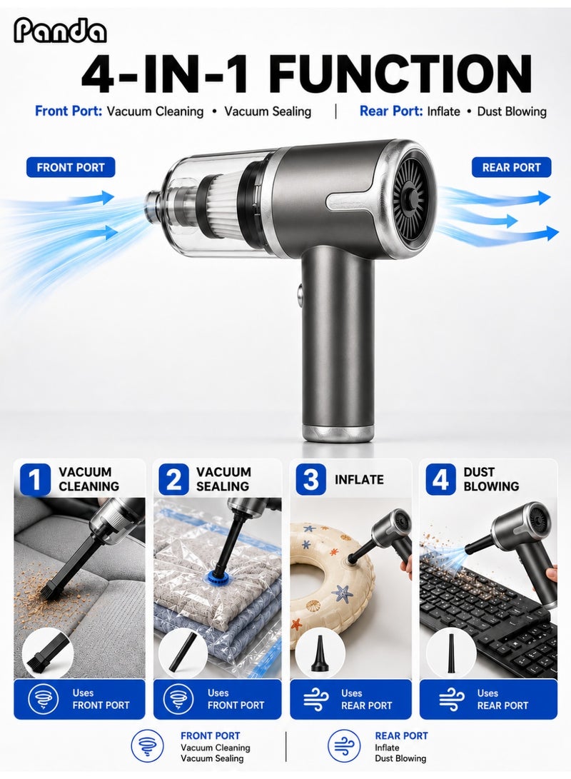 Panda Cordless Handheld Vacuum Cleaner, Portable Mini Car Vacuum, 4-in-1 Air Blower and Vacuum Pump, 15000Pa Suction, Brushless Motor, Type-C Fast Charge for Car, Home and Office - Image 3