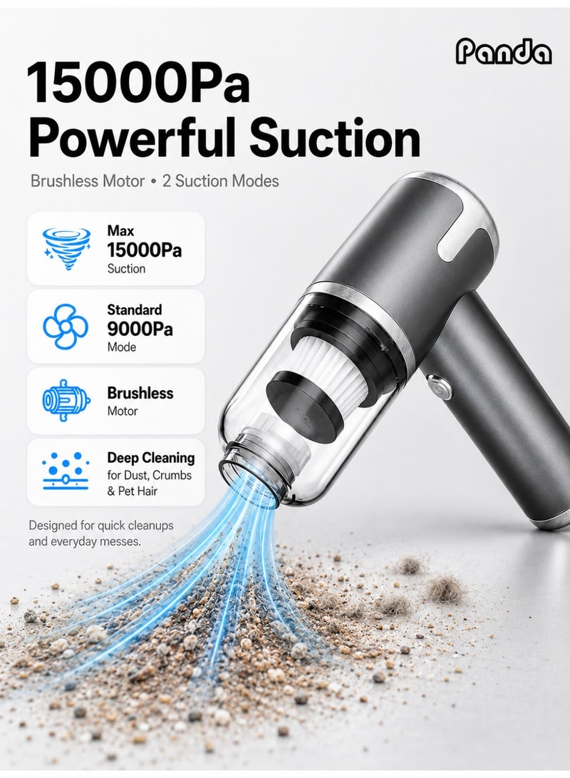 Panda Cordless Handheld Vacuum Cleaner, Portable Mini Car Vacuum, 4-in-1 Air Blower and Vacuum Pump, 15000Pa Suction, Brushless Motor, Type-C Fast Charge for Car, Home and Office - Image 4