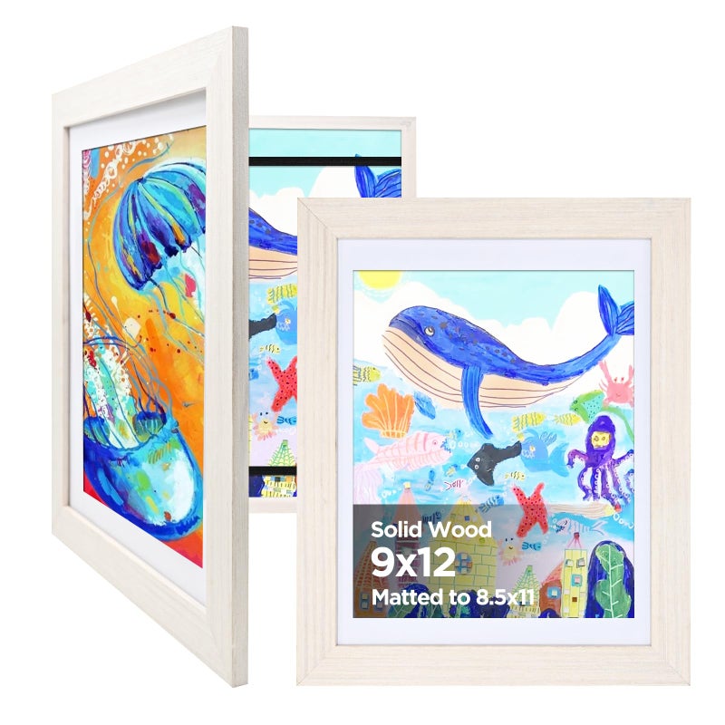 مجموعة إطارات فنون الأطفال KINLINK 9x12 من 2 إطار خشبي صلب قابل للتغيير مع واجهة أكريليك تحمل 150 صورة لإطارات فنون الأطفال مع أو بدون مات أبيض خشبي