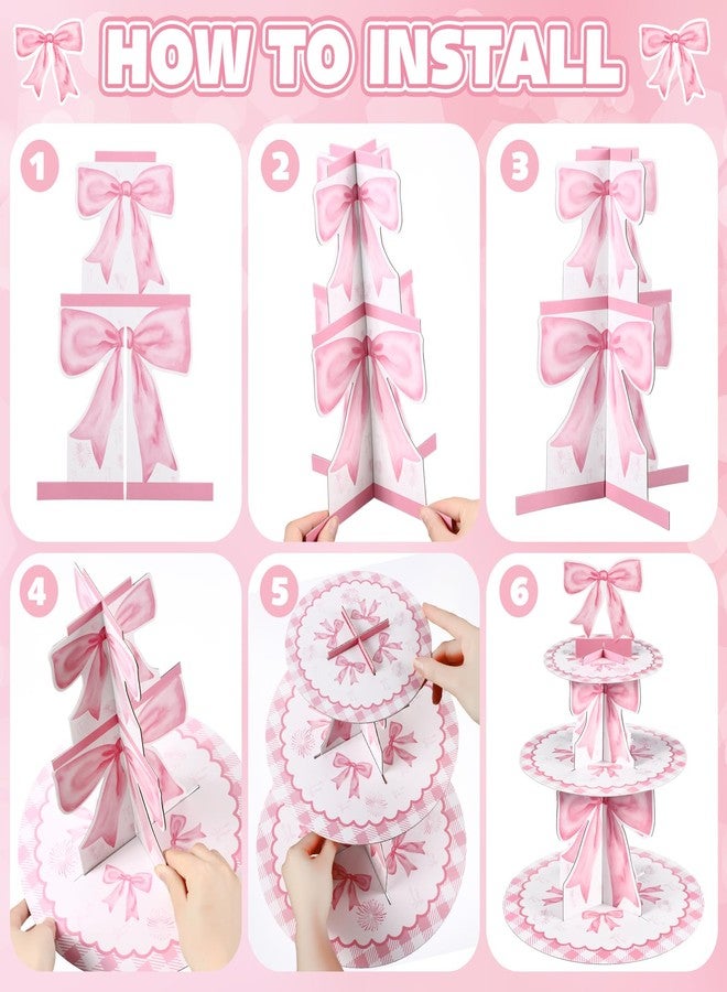 Willinglong 3 Tier Pink Bow Cake Stand Coquette Bow Party Birthday Cake Stand Decorations Pink Dessert Tower for Wedding Garden Birthday Party Supplies - Image 4