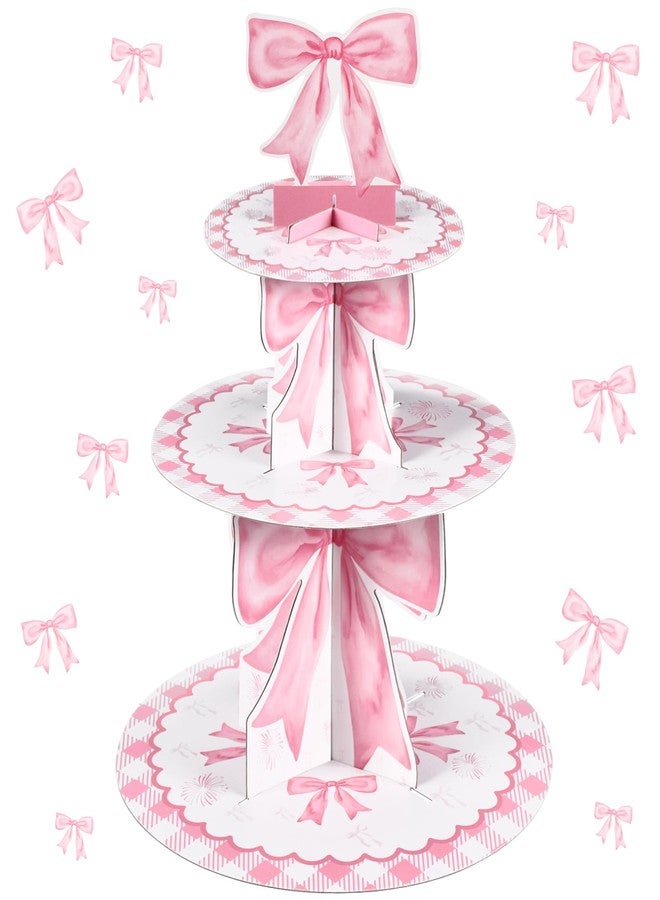 Willinglong 3 Tier Pink Bow Cake Stand Coquette Bow Party Birthday Cake Stand Decorations Pink Dessert Tower for Wedding Garden Birthday Party Supplies - Image 1