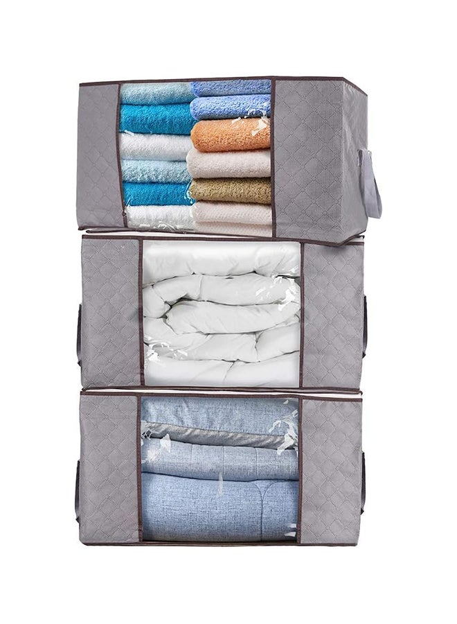 حقيبة تخزين الملابس المصنوعة من القماش المتين المقاوم للماء والقابلة للطي مع نافذة شفافة لبطانيات الملابس (84 لتر رمادي) - 3 قطع