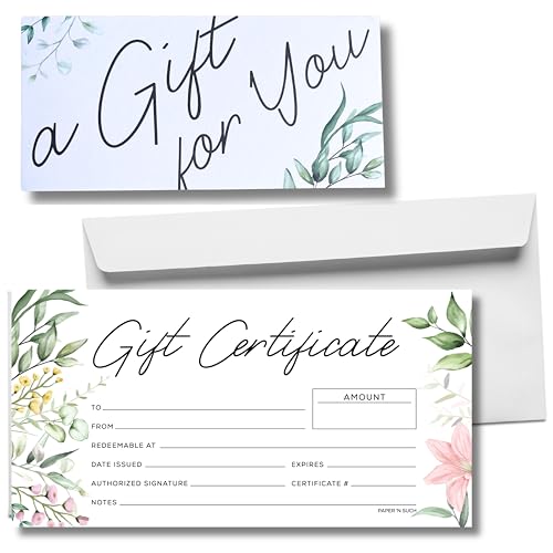 Paper 'n Such Gift Certificates for Business - Set of 25 with Envelopes -Salon, Restaurants, Custom Client Vouchers for Birthday, Work-Heavyweight Card Stock- Spa Gift Card - Floral - Image 1