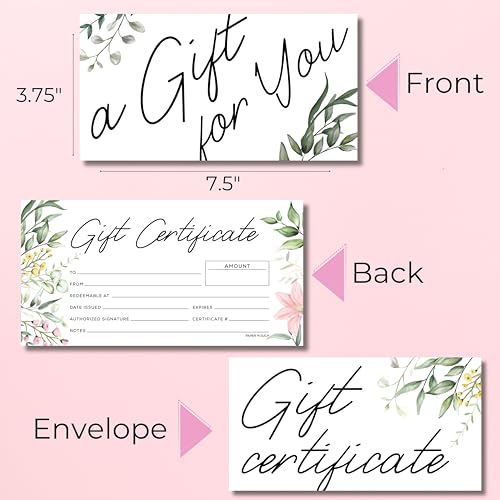 Paper 'n Such Gift Certificates for Business - Set of 25 with Envelopes -Salon, Restaurants, Custom Client Vouchers for Birthday, Work-Heavyweight Card Stock- Spa Gift Card - Floral - Image 2