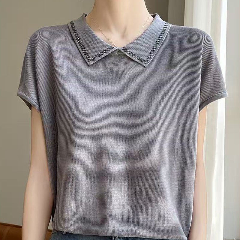 New Ice Linen Polo Collar Short-Sleeved T-Shirt For Women Pure Color Knitted Loose Elegant Top Doll Collar Diamond Breathable Shirt - Image 1