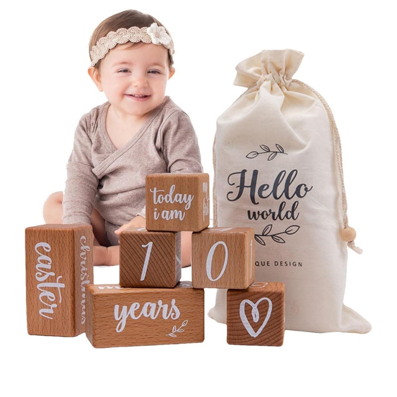 Wooden Baby Blocks First Year Monthly Age Picture Props With Bag Section A - Image 1