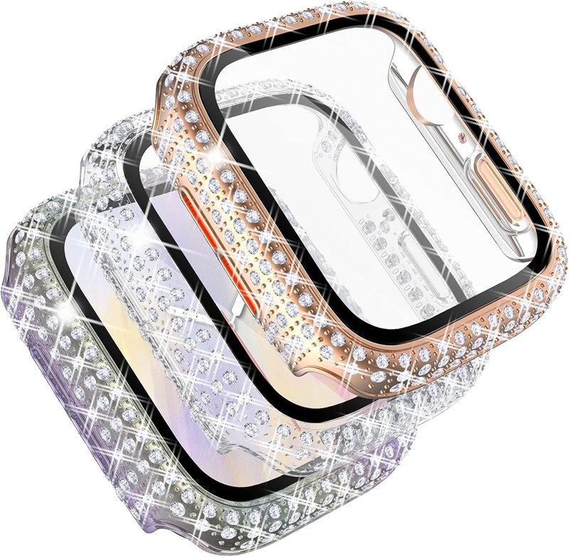 FULLIFE 3-Pack Crystal Diamond Bling Cases Replacement Compatible with Apple Watch 38mm 40mm 42mm 44mm Protective Bumper with Tempered Glass Protector for iWatch Series 6 5 4 3 2 1 SE - Image 1