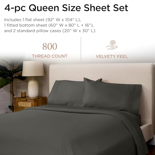 Threadmill Luxury 800 Thread Count Queen 100% Cotton Sheets - Dark Grey Sateen Weave Bed-Sheets, Better Than Egyptian Cotton,4 Pc Solid Soft Bedding Set, Fits 16" Deep Pocket - Image 2