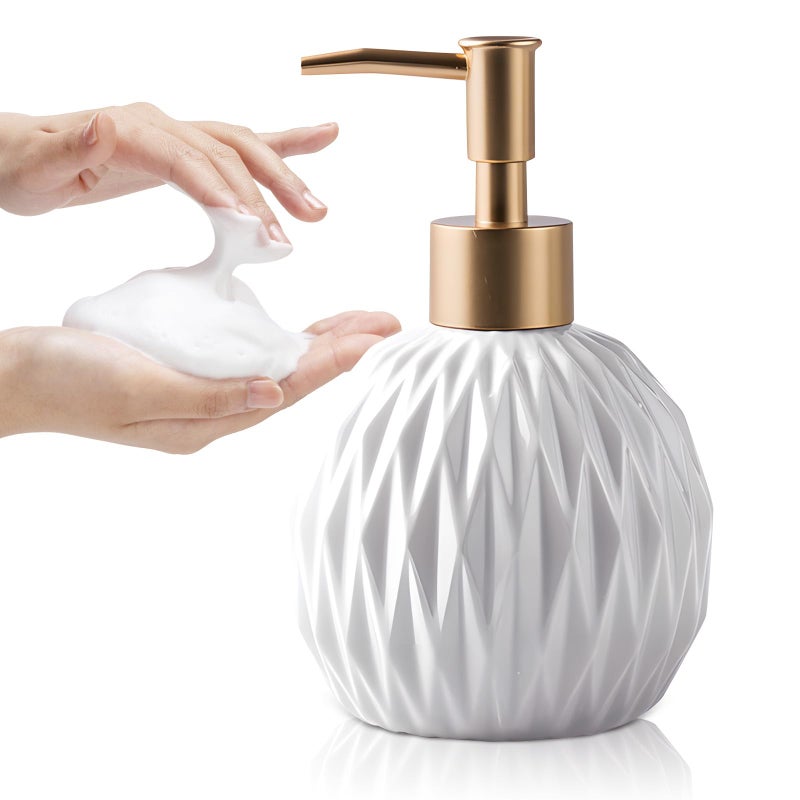 BECHOICEN Ceramics Gold Soap Dispenser for Bathroom Relief Soap Bottle for Kitchen Sink 400ml135Oz Refillable Liquid Hand Soap Dispenser with Gold Pump White 