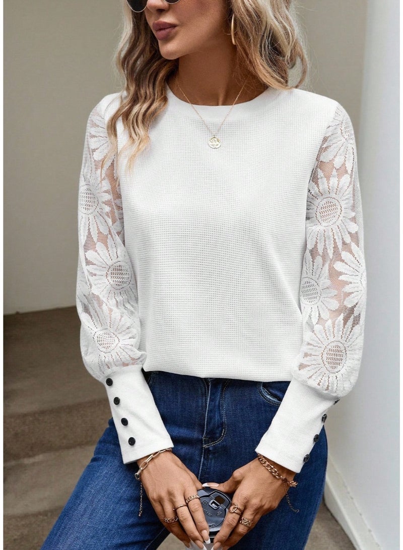 Shein Women's Lace Floral Sleeve Patchwork Waffle Knit Top, White - Image 1
