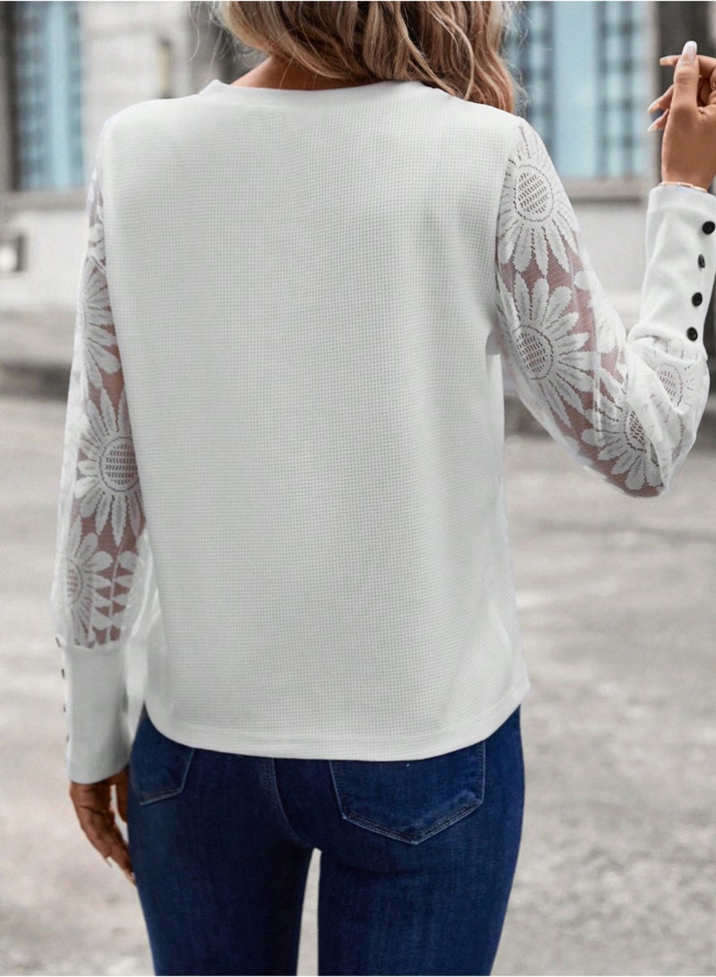 Shein Women's Lace Floral Sleeve Patchwork Waffle Knit Top, White - Image 3