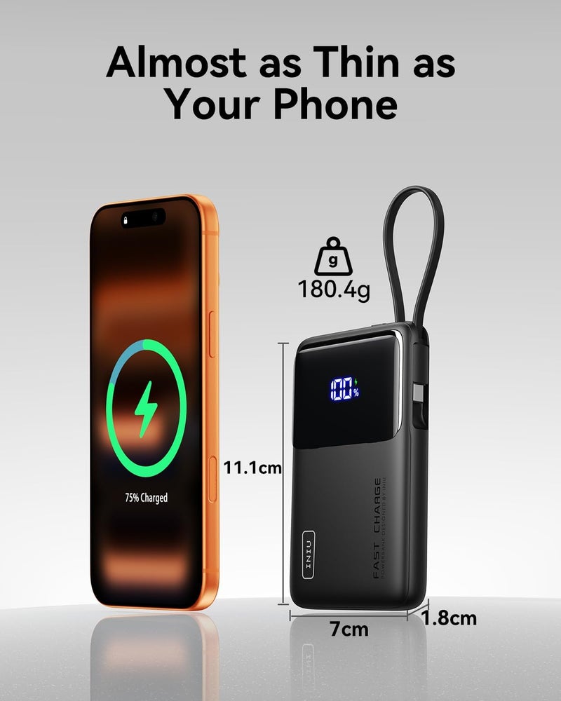 INIU 45W Power Bank, Slimmest 10000mAh Portable Charger with Build in USB-C Cable, Fast Charging USB C in&Out Battery Pack, Travel External Phone Charger for iPhone 16 15 Samsung S24 S23 Google etc - Image 3