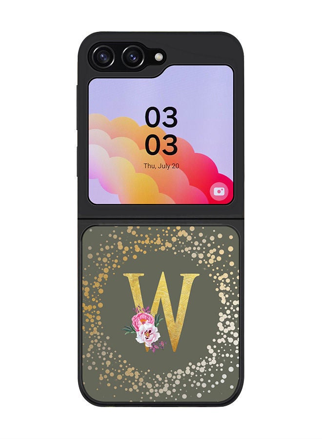 Stylizedd حافظة حواف سوداء متينة لهاتف سامسونج جالاكسي Z Flip5، حافظة مرنة رقيقة من المطاط TPU مع حواف مضادة للصدمات - حرف أول مخصص بنمط زهور - W (أخضر زيتوني)  - Image 1