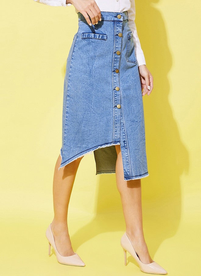 StyleStone Women's Knee Length Straight Denim Skirt with Button Closure and Pockets - Image 2