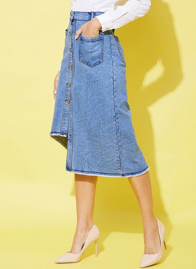 StyleStone Women's Knee Length Straight Denim Skirt with Button Closure and Pockets - Image 3
