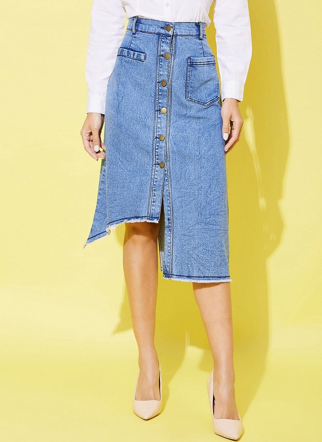 StyleStone Women's Knee Length Straight Denim Skirt with Button Closure and Pockets - Image 1