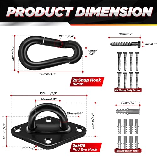 PAMAZY [Upgraded] 1700 lb Capacity 2PCS M10 Stainless Steel Pad Eye Hooks+2PCS 10MM Snap Hook + 8PCS Heavy Duty Screws for Hammock Hanging Kit, Swing Hanging, Wall/Ceiling Mount, Indoor & Outdoor - Image 4