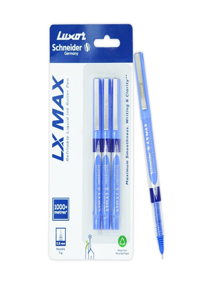Luxor Schneider LX MAX roller ball pen, Pack of 3 - Blue, Needle Tip, 0.5mm, 100% German Technology, 1000+ mtrs writing length, Waterproof Ink, Ideal for Students & Professionals - Image 1