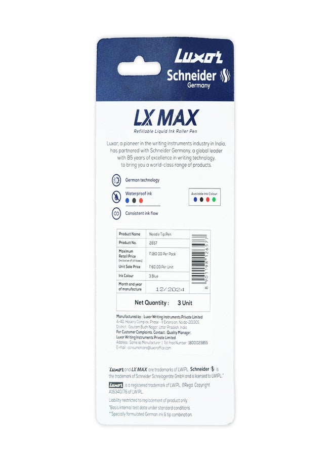 Luxor Schneider LX MAX roller ball pen, Pack of 3 - Blue, Needle Tip, 0.5mm, 100% German Technology, 1000+ mtrs writing length, Waterproof Ink, Ideal for Students & Professionals - Image 3