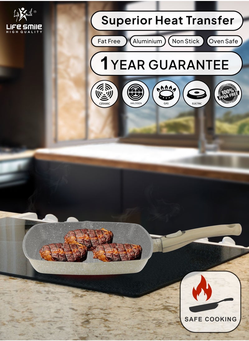 Life Smile - Grill pan Non-stick Granite Coating with lid | Oven Safe | versatile grill pan with drop opening with detachable handle, Skillet for large cooking surface, PFOA free (28 CM, DARK GREEN) - Image 1