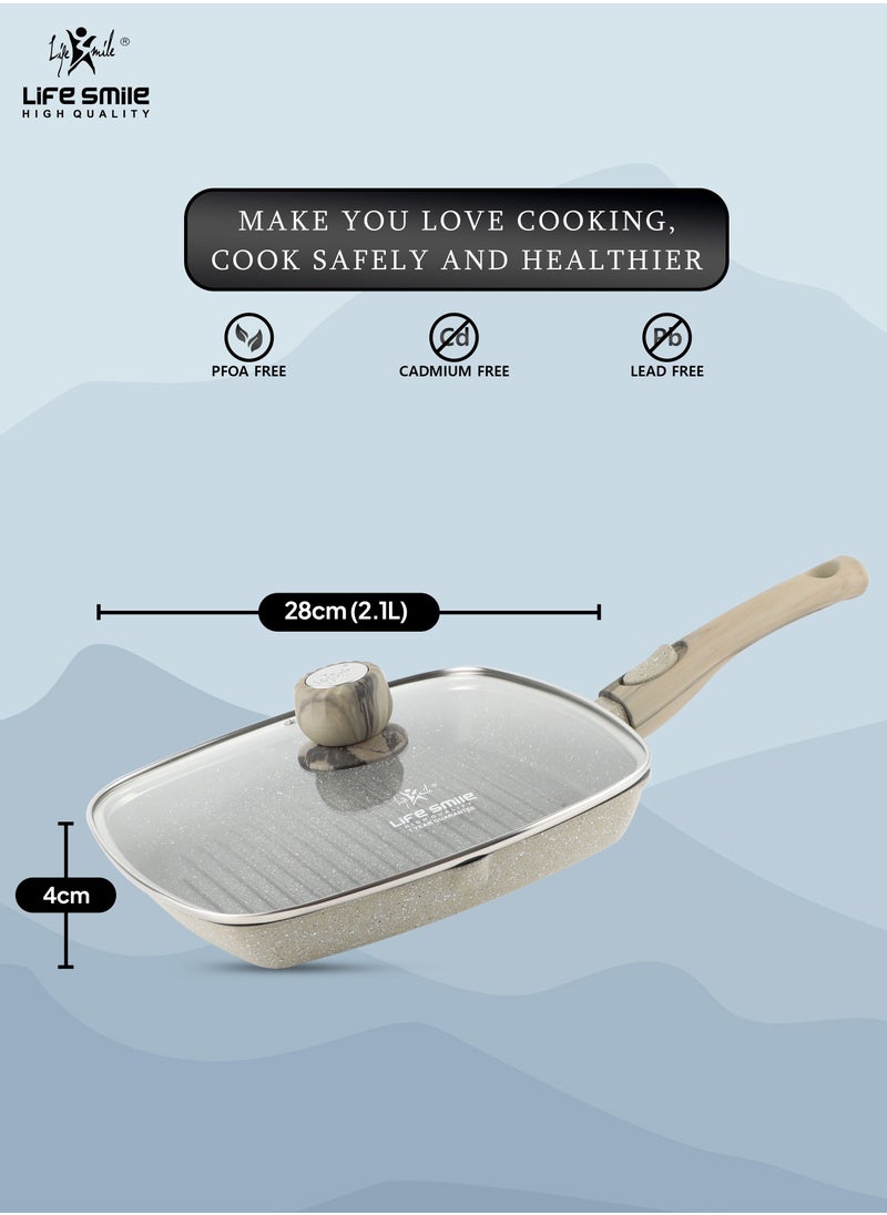 Life Smile - Grill pan Non-stick Granite Coating with lid | Oven Safe | versatile grill pan with drop opening with detachable handle, Skillet for large cooking surface, PFOA free (28 CM, DARK GREEN) - Image 1