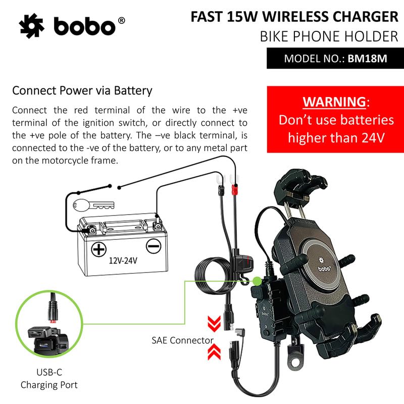 Bobo BM18M PRO Mirror Mount Anti-Vibration Anti-Theft Waterproof Bike/Motorcycle/Scooter Mobile Phone Holder Mount with Fast 15W Wireless & USB-C Charger, Ideal for Maps and GPS Navigation (Black) - Image 3