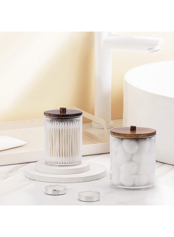 Tbestmax 4 Pack Qtip Holder Dispenser Cotton Ball, Cotton Swab, Floss - 12oz, 10 oz Clear Plastic Apothecary Jars for Bathroom Organizer and Storage Containers (Brown Wood Lids) - Image 3