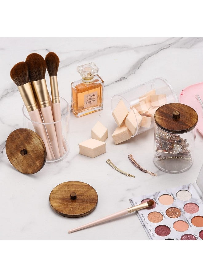 Tbestmax 4 Pack Qtip Holder Dispenser Cotton Ball, Cotton Swab, Floss - 12oz, 10 oz Clear Plastic Apothecary Jars for Bathroom Organizer and Storage Containers (Brown Wood Lids) - Image 4