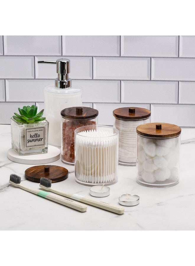 Tbestmax 4 Pack Qtip Holder Dispenser Cotton Ball, Cotton Swab, Floss - 12oz, 10 oz Clear Plastic Apothecary Jars for Bathroom Organizer and Storage Containers (Brown Wood Lids) - Image 2