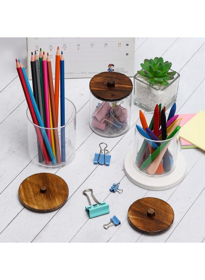 Tbestmax 4 Pack Qtip Holder Dispenser Cotton Ball, Cotton Swab, Floss - 12oz, 10 oz Clear Plastic Apothecary Jars for Bathroom Organizer and Storage Containers (Brown Wood Lids) - Image 5