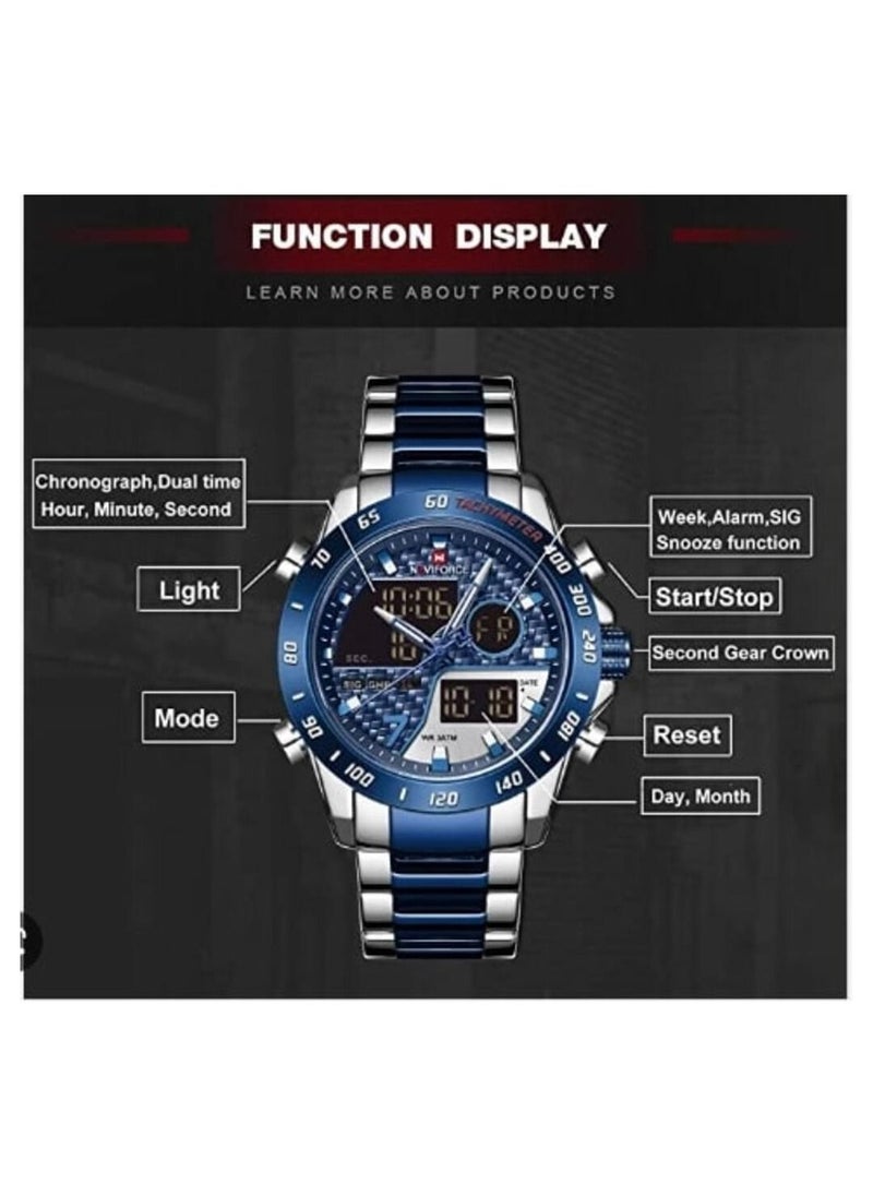 NAVIFORCE - Men's stainless steel analog & digital wrist watch NF9171 S/BE/BE - 45 mm - silver and blue - Image 1