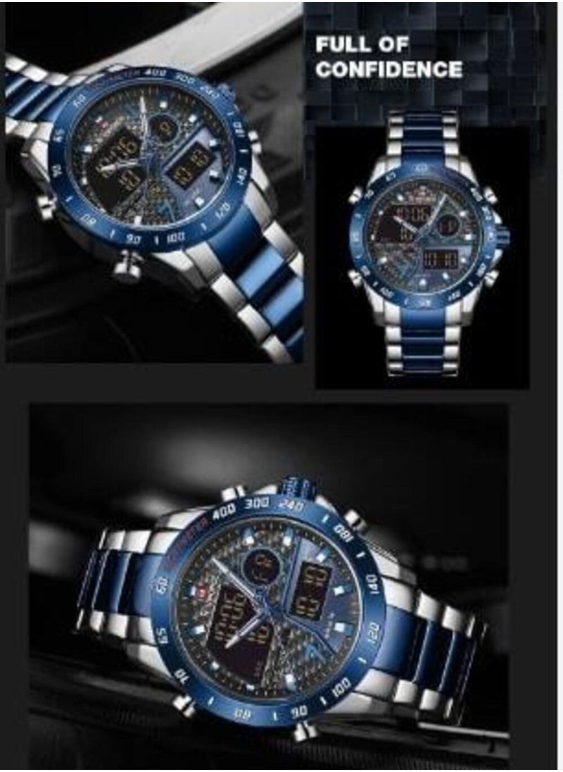 NAVIFORCE - Men's stainless steel analog & digital wrist watch NF9171 S/BE/BE - 45 mm - silver and blue - Image 1