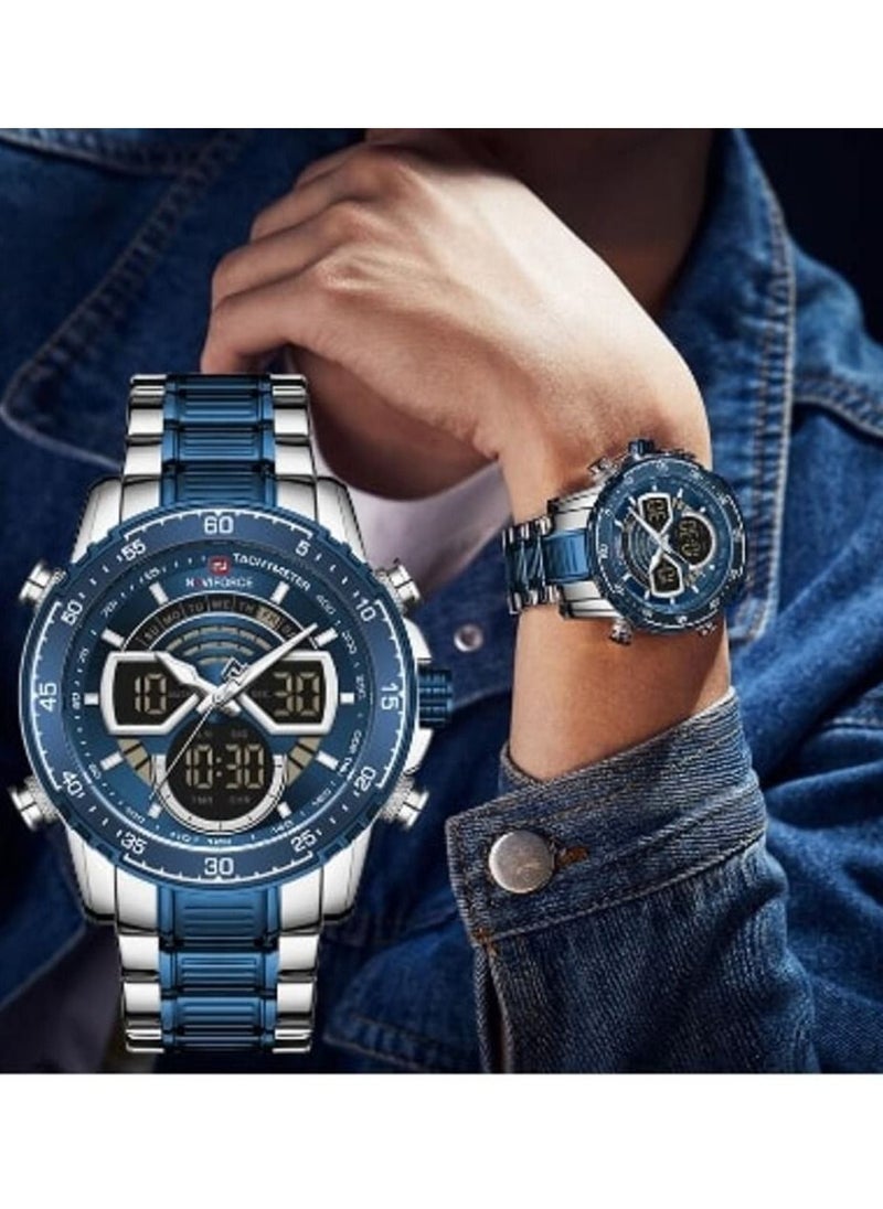NAVIFORCE - Men's stainless steel analog & digital wrist watch NF9171 S/BE/BE - 45 mm - silver and blue - Image 1