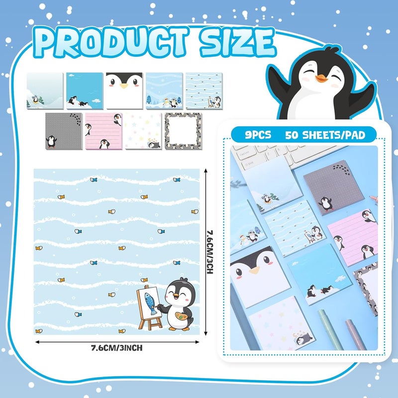 Saypacck 9 Pads Penguin Sticky Notes 3x3 Inch Cute Self Stick Notepads Notes Adhesive Memo Pad Office Decor Gifts for Students School Teacher Meeting Office Supplies - Image 2