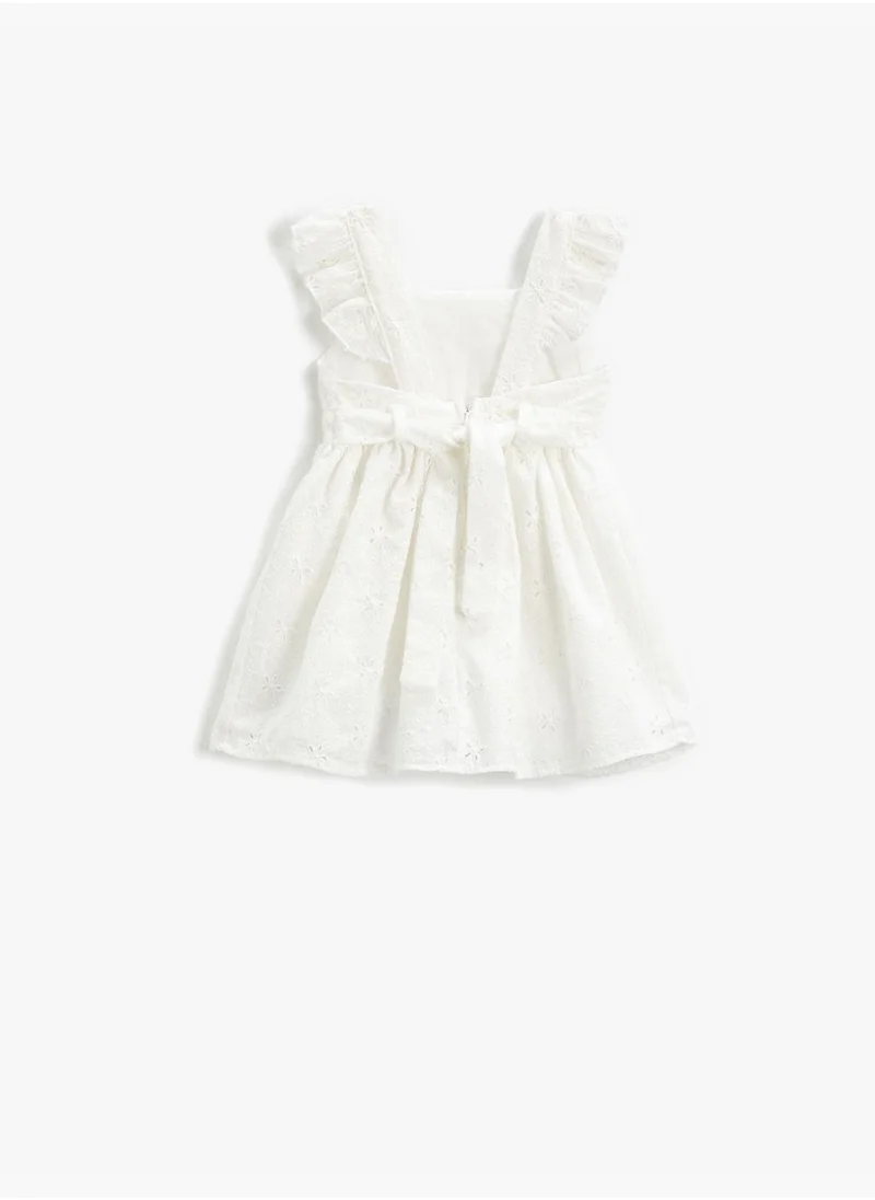 KOTON Floral Cutwork Dress Strappy Ruffled Detail Lined U Neck Cotton