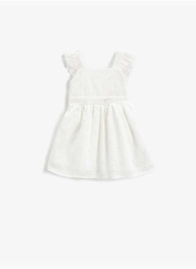 KOTON Floral Cutwork Dress Strappy Ruffled Detail Lined U Neck Cotton