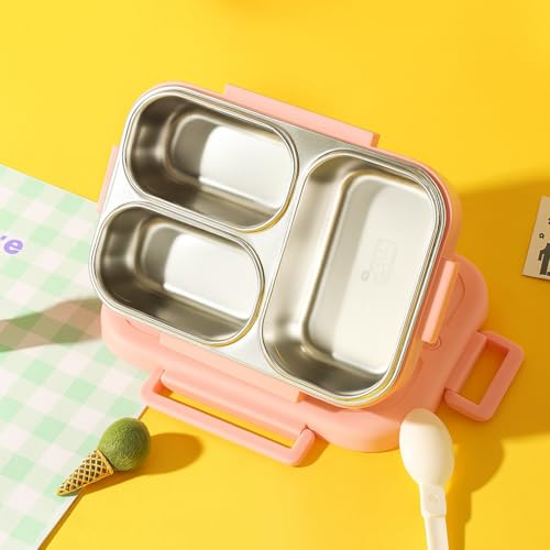 QLECT Printed Dino Party Stainless Steel Lunch Box for Kids Adults, Insulation Keeps Food Warm,Food Grade Bpa Free,3 Compartments with Locking Lid & Steam Valve,Spill Leak Proof|1000Ml Pink - Image 5