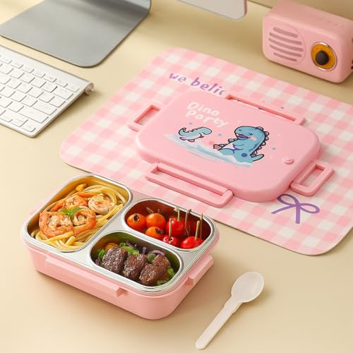 QLECT Printed Dino Party Stainless Steel Lunch Box for Kids Adults, Insulation Keeps Food Warm,Food Grade Bpa Free,3 Compartments with Locking Lid & Steam Valve,Spill Leak Proof|1000Ml Pink - Image 1