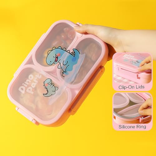 QLECT Printed Dino Party Stainless Steel Lunch Box for Kids Adults, Insulation Keeps Food Warm,Food Grade Bpa Free,3 Compartments with Locking Lid & Steam Valve,Spill Leak Proof|1000Ml Pink - Image 3