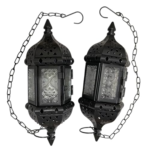 BWRMHME 2PCS Moroccan Decorative Candle Lantern Metal Hanging Tealight Candlestick Holder Glass Indoor Outdoor LED Flameless Candle Holder 138 inches Chain Black - Image 1