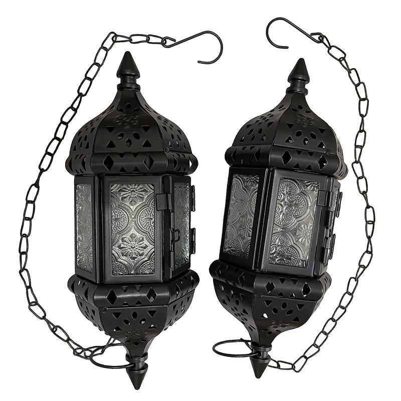 BWRMHME 2PCS Moroccan Decorative Candle Lantern Metal Hanging Tealight Candlestick Holder Glass Indoor Outdoor LED Flameless Candle Holder 138 inches Chain Black - Image 2