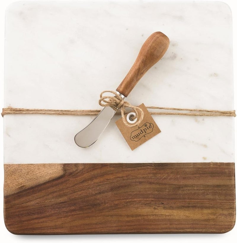 MudPie Marble and Wood Serving Board and Spreader, White - Image 1