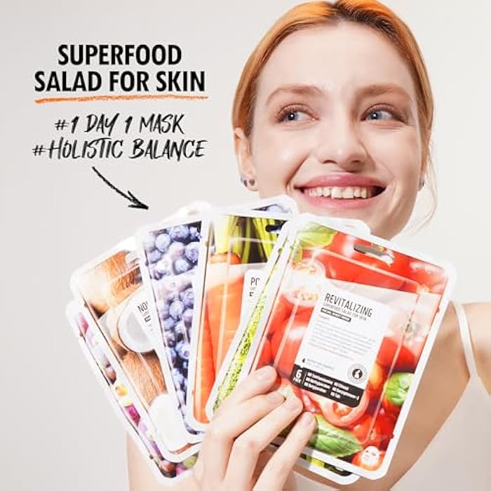 FARMSKIN فارسكن سوبرفود سلاد شيت ماسك مجموعة من 6 | قناع وجه كوري مع مانجوستين، بروكلي، جزر، جوز الهند، توت أزرق وطماطم | مجموعة عناية بالبشرة منعشة، مغذية وخالية من التجارب على الحيوانات - Image 2