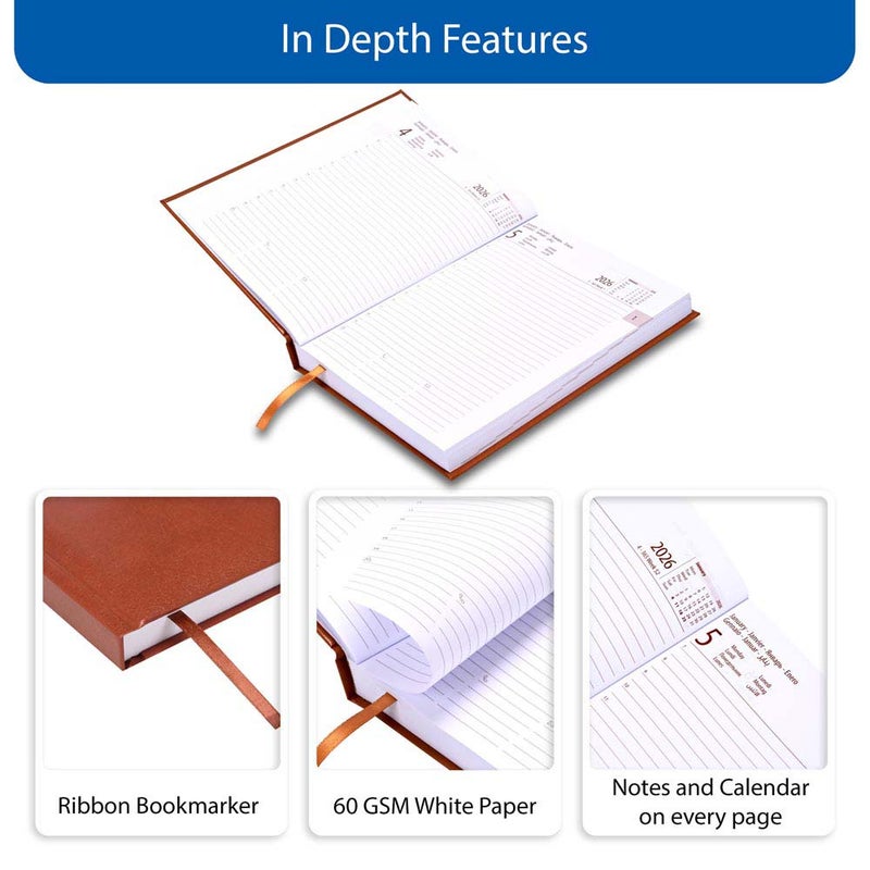 FIS 2026 International A5 Diary, 148x210mm, Hard Cover Vinyl Materials, 1 Day a Page Format, 7 Multi Languages, 60gsm White Paper, Brown Cover - FSDI136-7V26BR - Image 5